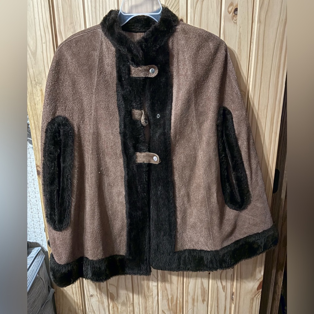 Brown Faux Fur Trim Cape Coat